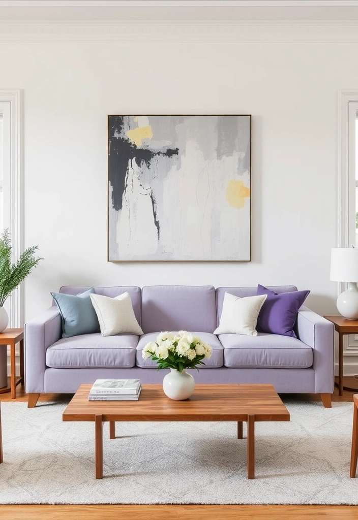 Create a Dreamy Living Room: 40 Lavender Couch with Soft White Walls and Chic Wooden Tables! - 17. Incorporating Art