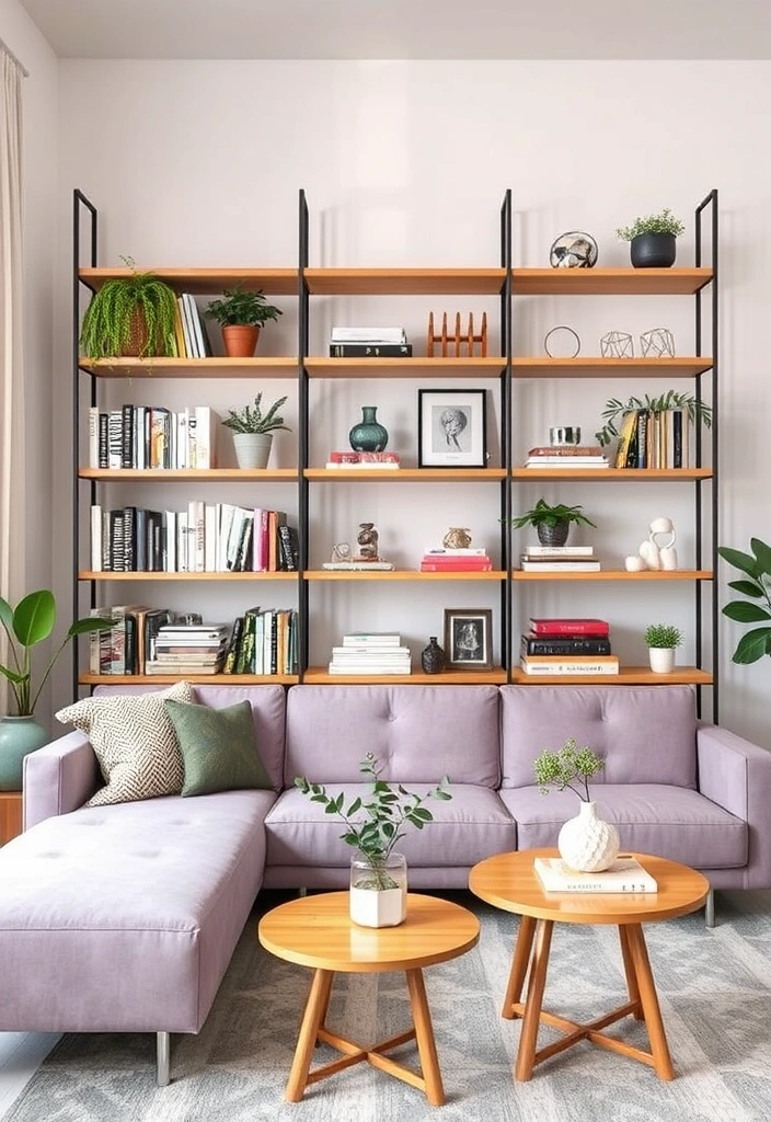 Create a Dreamy Living Room: 40 Lavender Couch with Soft White Walls and Chic Wooden Tables! - 18. Modern Shelving Solutions