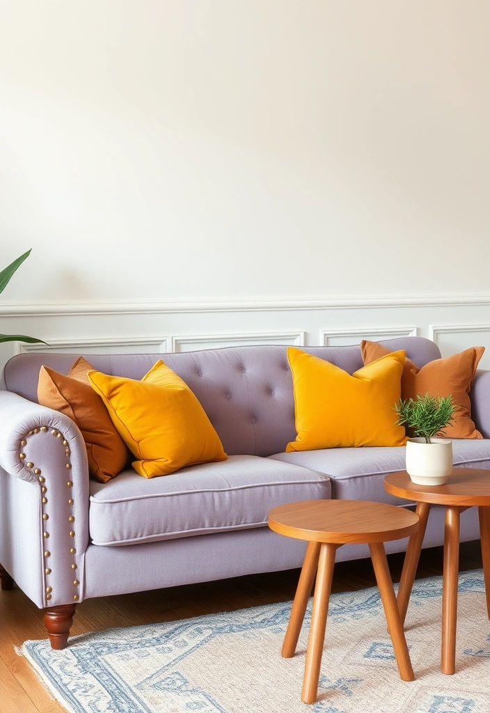 Create a Dreamy Living Room: 40 Lavender Couch with Soft White Walls and Chic Wooden Tables! - 19. Warm Color Accents