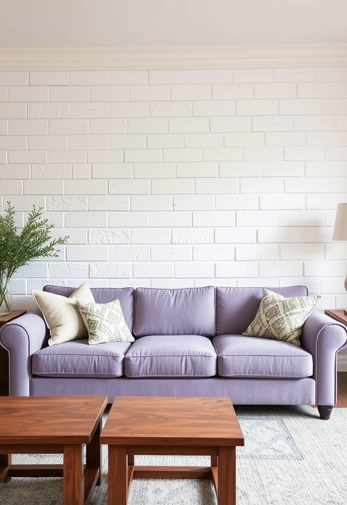 Create a Dreamy Living Room: 40 Lavender Couch with Soft White Walls and Chic Wooden Tables! - 20. Textured Wall Treatments