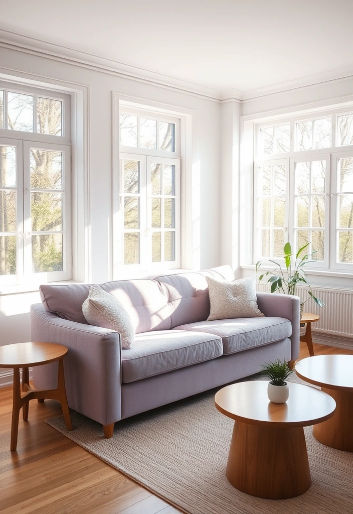 Create a Dreamy Living Room: 40 Lavender Couch with Soft White Walls and Chic Wooden Tables! - 21. Embracing Natural Light