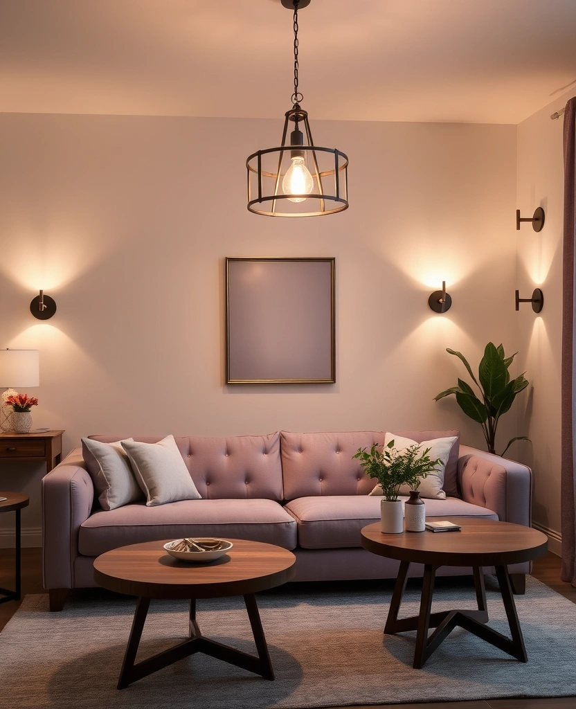 Create a Dreamy Living Room: 40 Lavender Couch with Soft White Walls and Chic Wooden Tables! - 22. Layered Lighting