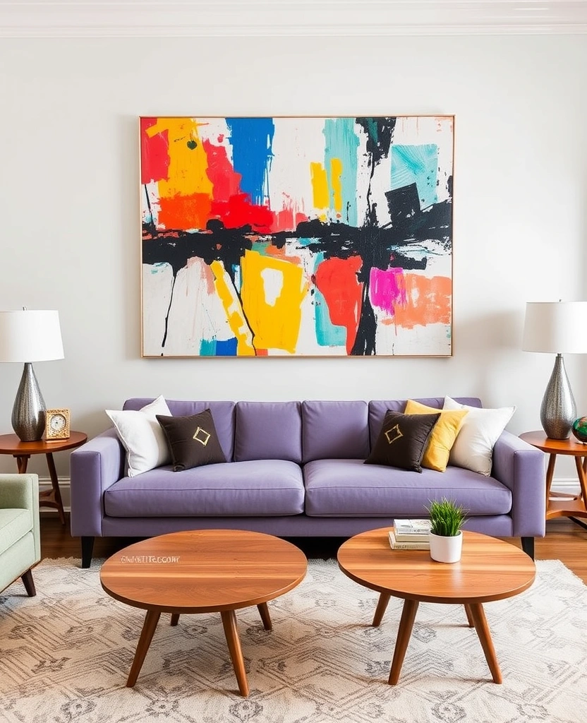 Create a Dreamy Living Room: 40 Lavender Couch with Soft White Walls and Chic Wooden Tables! - 23. Statement Art Pieces