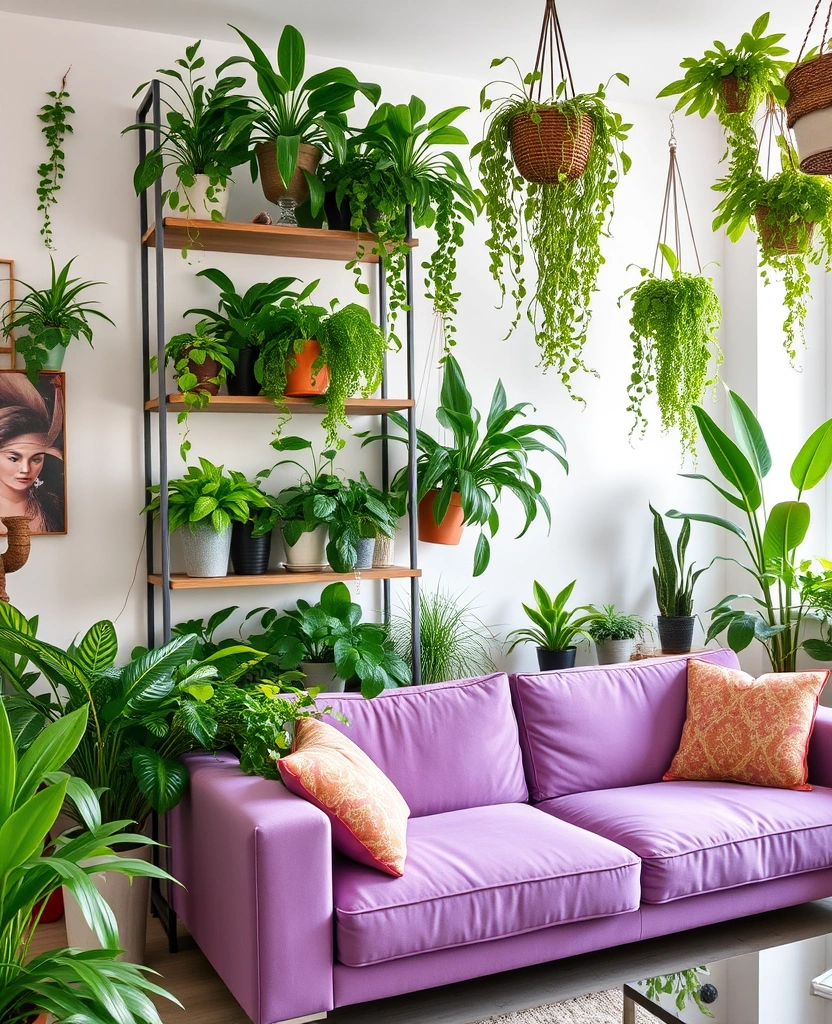 Create a Dreamy Living Room: 40 Lavender Couch with Soft White Walls and Chic Wooden Tables! - 24. Unique Plant Displays