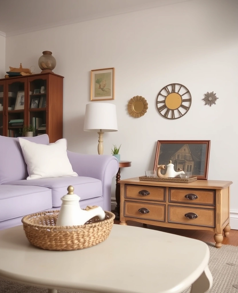 Create a Dreamy Living Room: 40 Lavender Couch with Soft White Walls and Chic Wooden Tables! - 25. Vintage-Inspired Finds