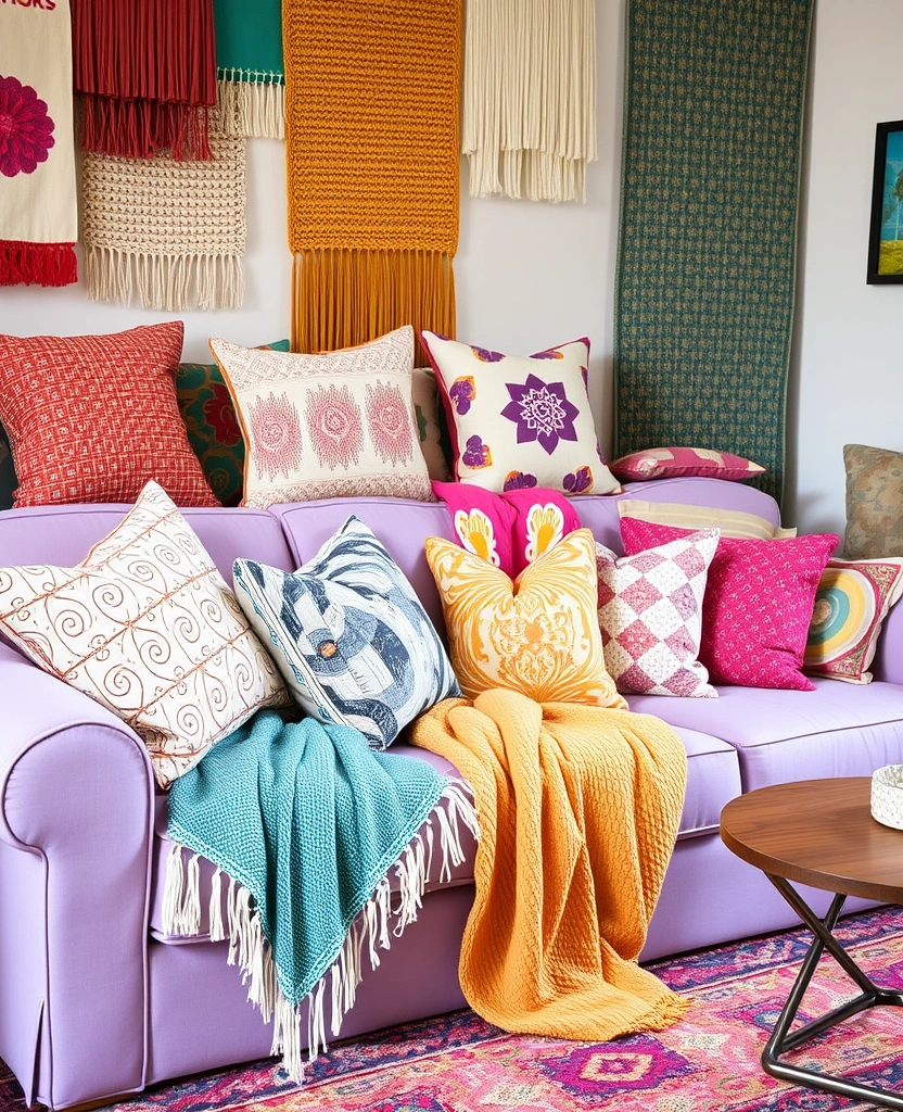 Create a Dreamy Living Room: 40 Lavender Couch with Soft White Walls and Chic Wooden Tables! - 27. Playful Textiles