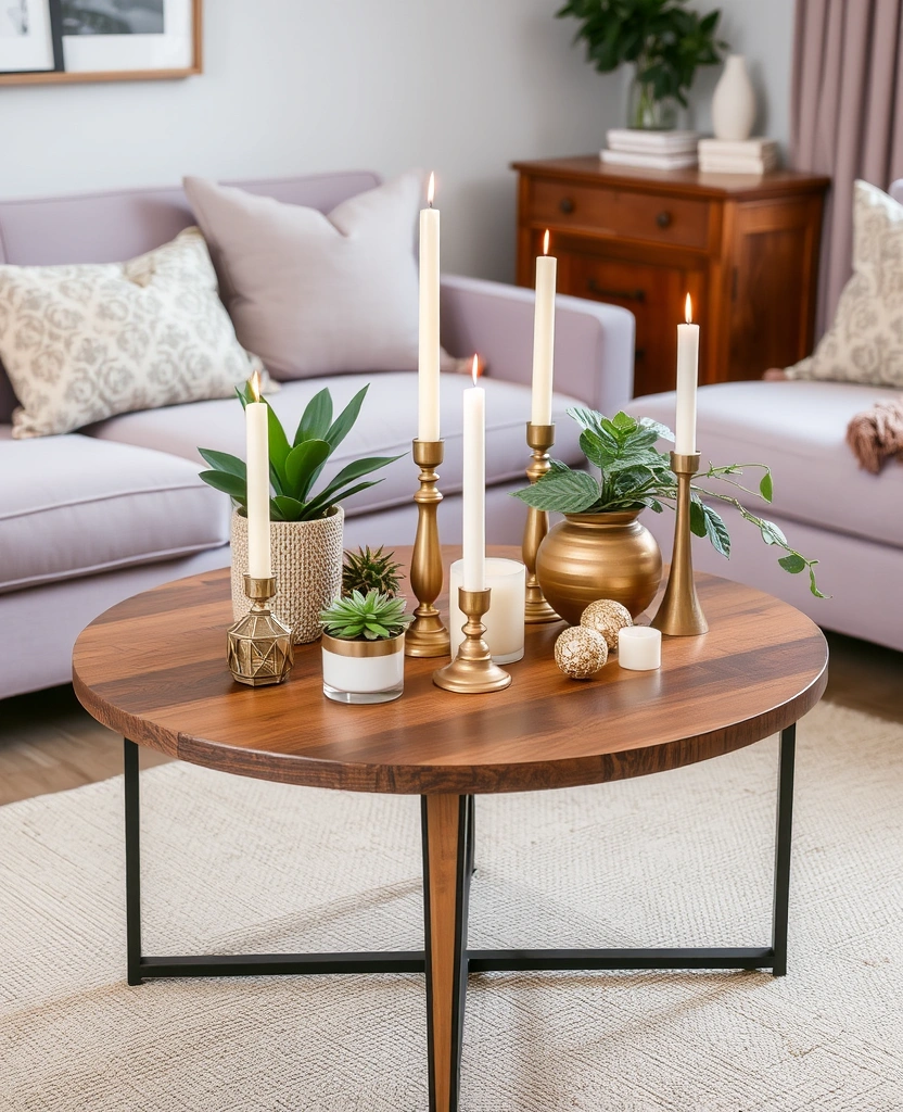 Create a Dreamy Living Room: 40 Lavender Couch with Soft White Walls and Chic Wooden Tables! - 28. Artistic Table Arrangements