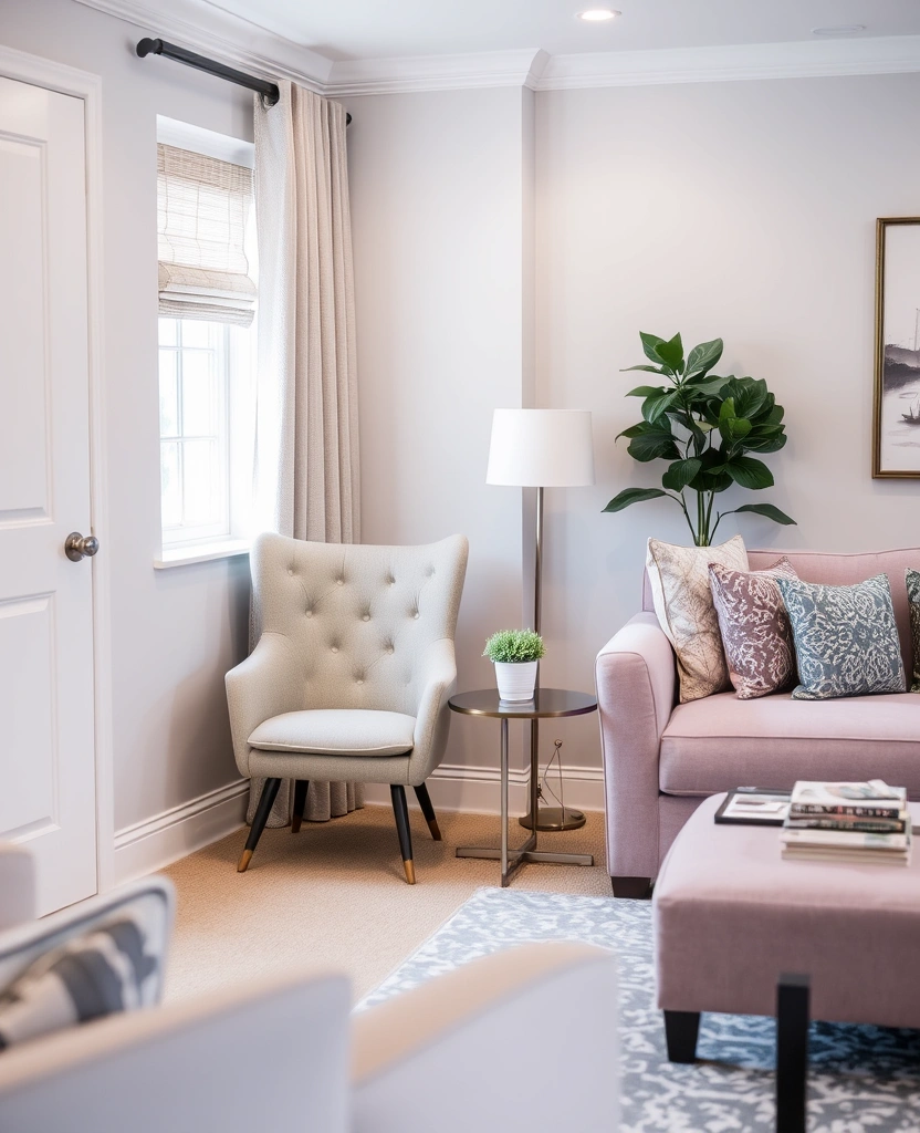 Create a Dreamy Living Room: 40 Lavender Couch with Soft White Walls and Chic Wooden Tables! - 29. Cozy Nooks