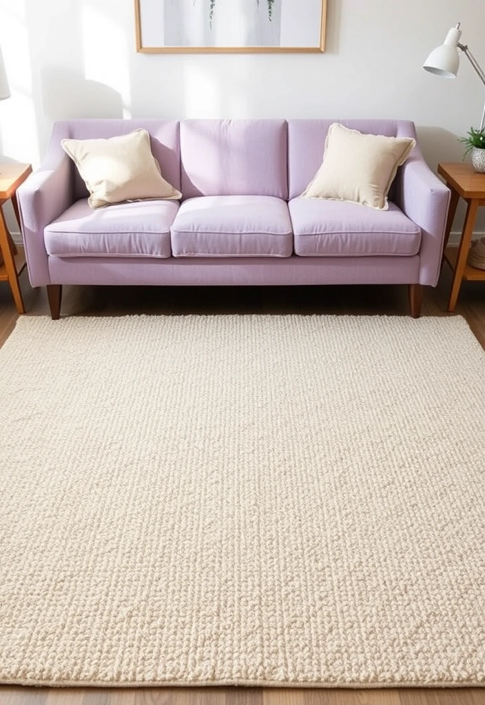Create a Dreamy Living Room: 40 Lavender Couch with Soft White Walls and Chic Wooden Tables! - 3. Cozy Textured Rugs