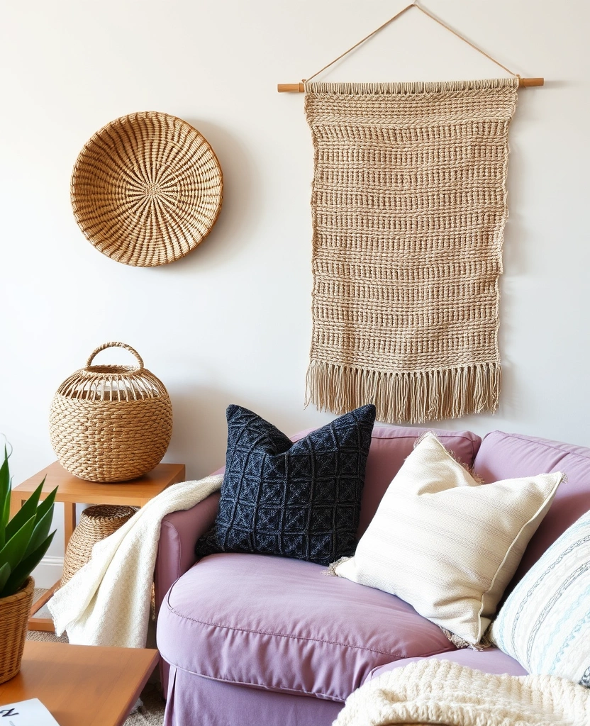 Create a Dreamy Living Room: 40 Lavender Couch with Soft White Walls and Chic Wooden Tables! - 30. Textured Accents