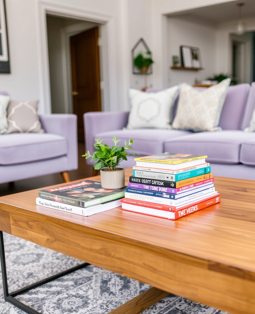 Create a Dreamy Living Room: 40 Lavender Couch with Soft White Walls and Chic Wooden Tables! - 31. Unique Coffee Table Books