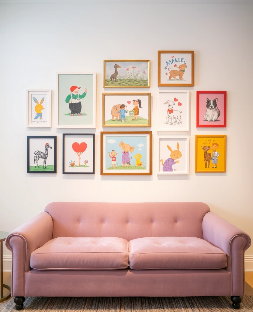 Create a Dreamy Living Room: 40 Lavender Couch with Soft White Walls and Chic Wooden Tables! - 32. Whimsical Wall Art