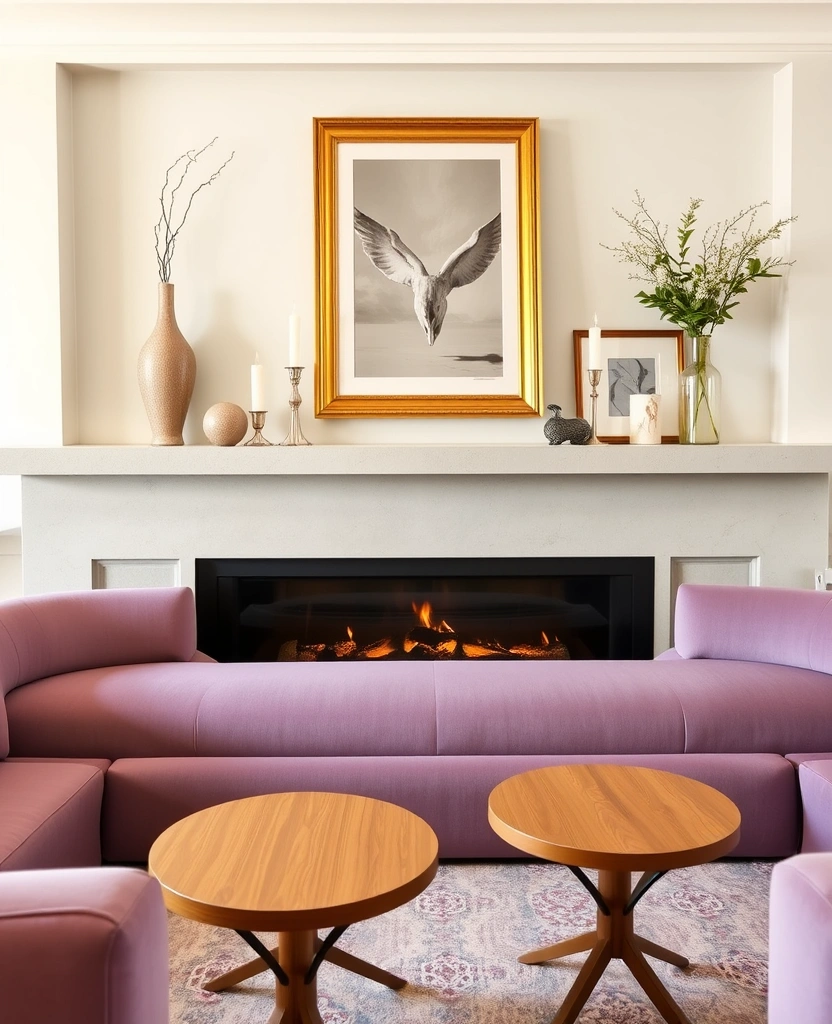 Create a Dreamy Living Room: 40 Lavender Couch with Soft White Walls and Chic Wooden Tables! - 33. Elegant Mantel Decor