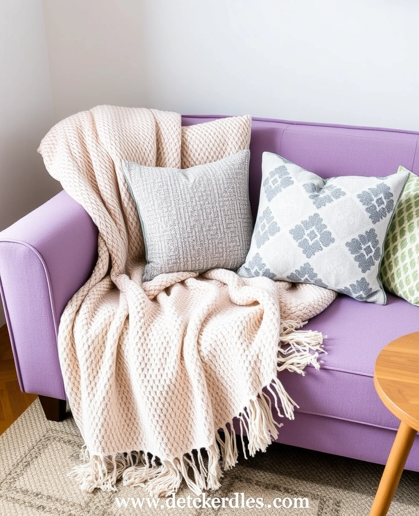 Create a Dreamy Living Room: 40 Lavender Couch with Soft White Walls and Chic Wooden Tables! - 34. Layered Textiles on Furniture