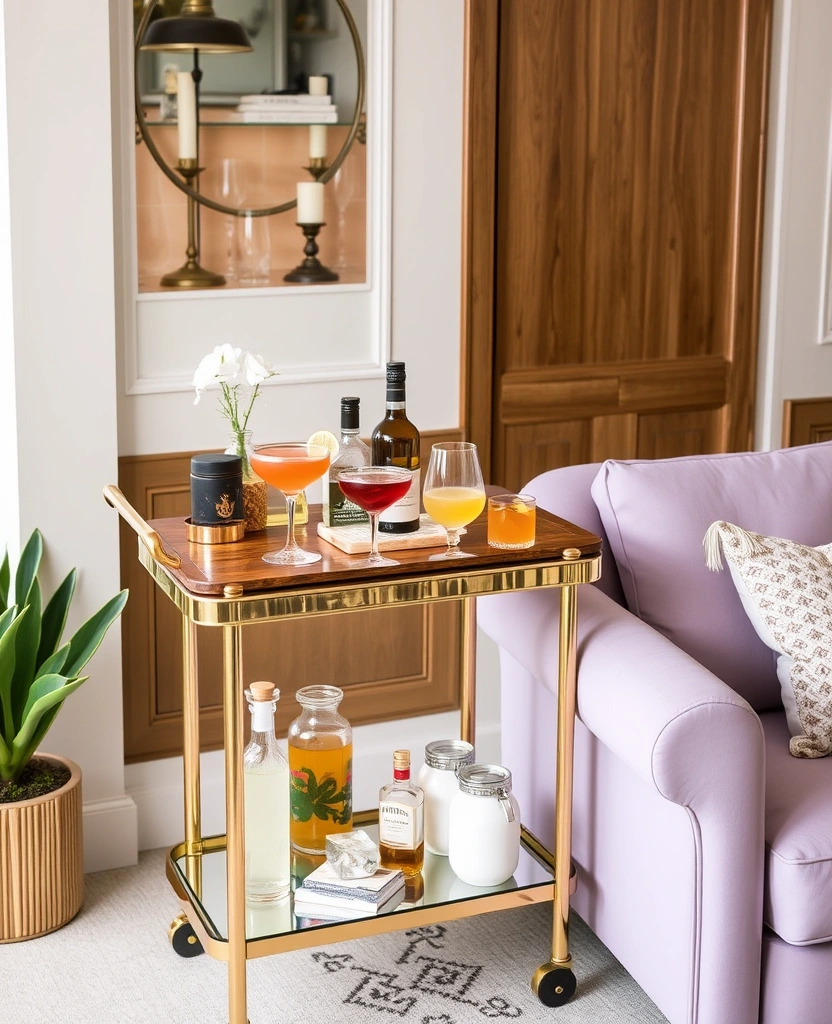 Create a Dreamy Living Room: 40 Lavender Couch with Soft White Walls and Chic Wooden Tables! - 35. Stylish Bar Cart