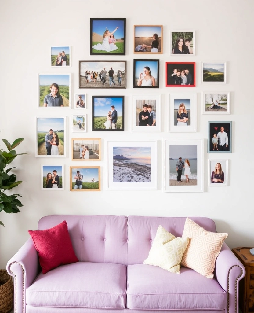 Create a Dreamy Living Room: 40 Lavender Couch with Soft White Walls and Chic Wooden Tables! - 36. Personalized Wall Gallery