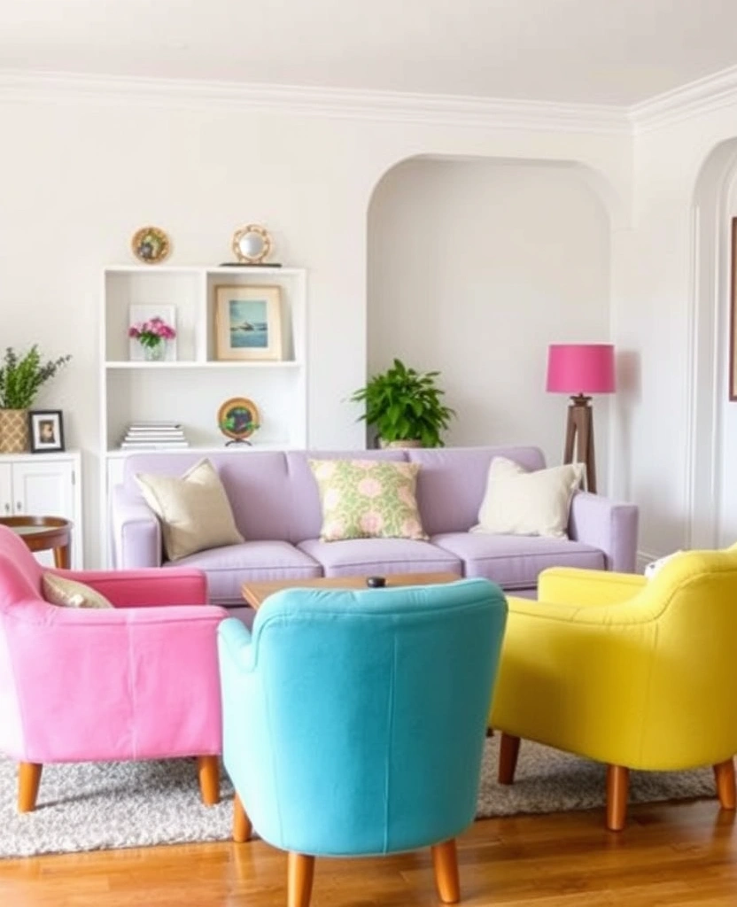 Create a Dreamy Living Room: 40 Lavender Couch with Soft White Walls and Chic Wooden Tables! - 37. Colorful Accent Chairs