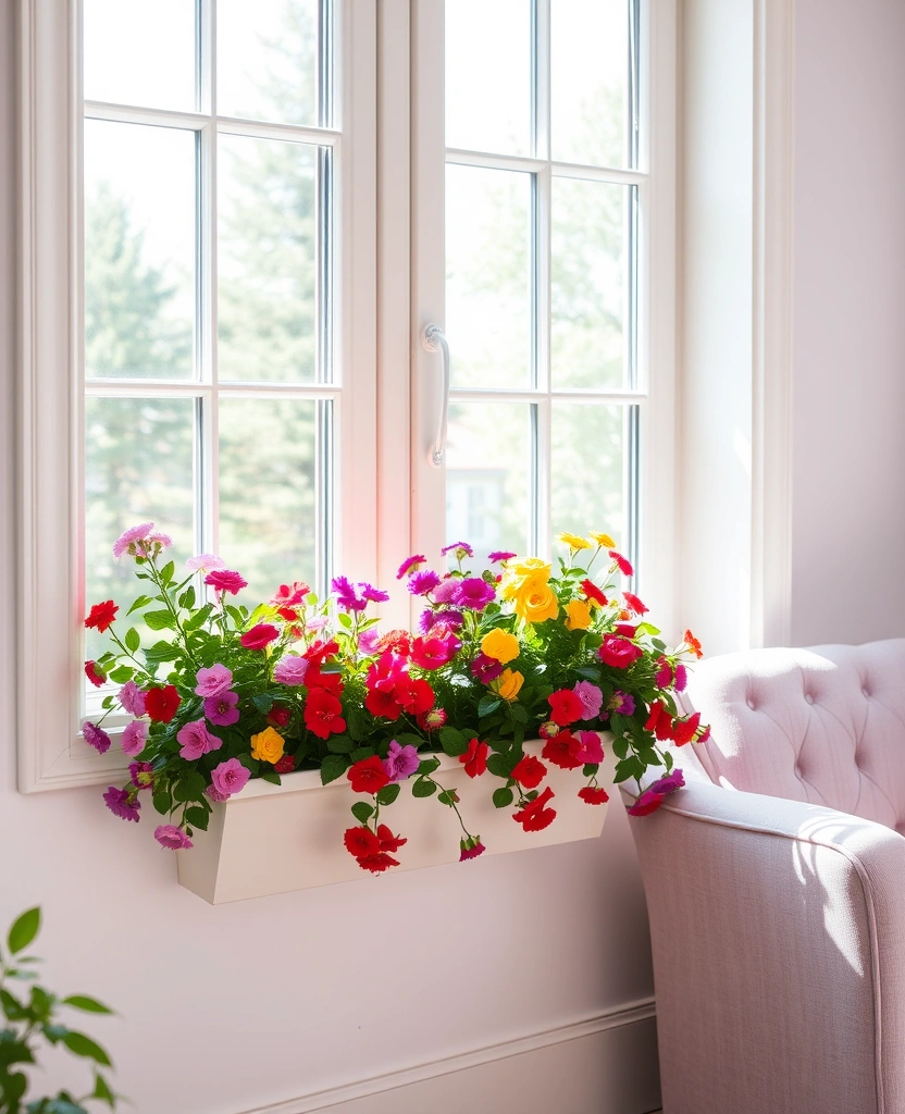 Create a Dreamy Living Room: 40 Lavender Couch with Soft White Walls and Chic Wooden Tables! - 38. Charming Window Boxes