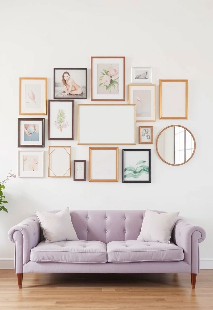 Create a Dreamy Living Room: 40 Lavender Couch with Soft White Walls and Chic Wooden Tables! - 4. Artistic Wall Decor