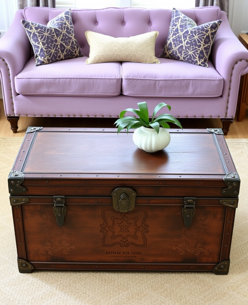 Create a Dreamy Living Room: 40 Lavender Couch with Soft White Walls and Chic Wooden Tables! - 40. Decorative Trunks and Storage Solutions