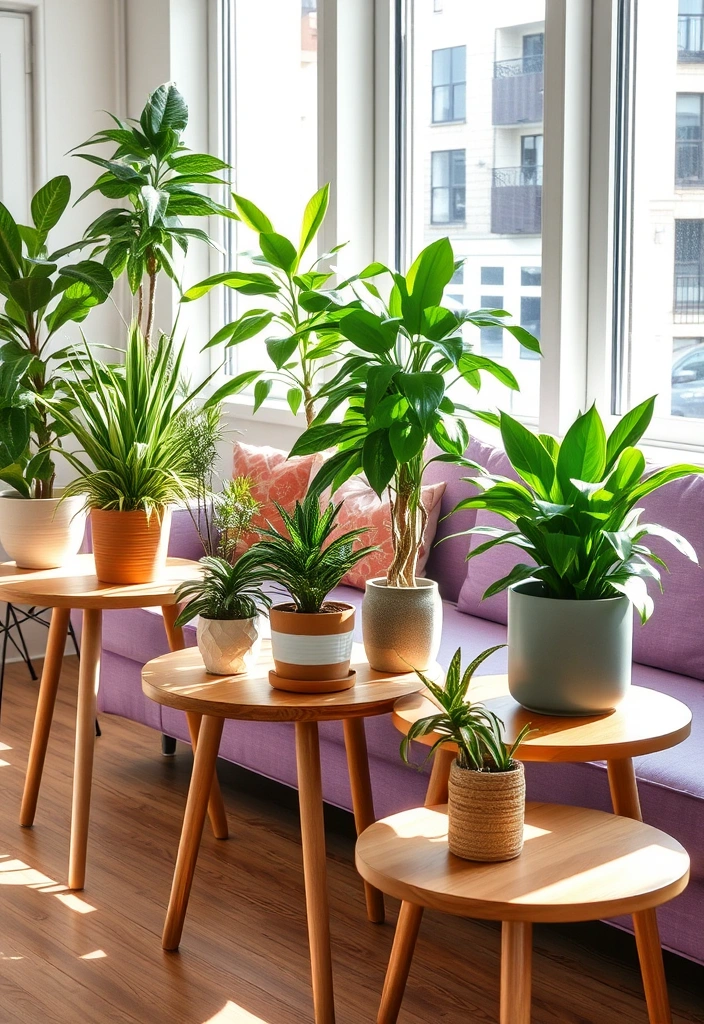 Create a Dreamy Living Room: 40 Lavender Couch with Soft White Walls and Chic Wooden Tables! - 5. Lush Greenery