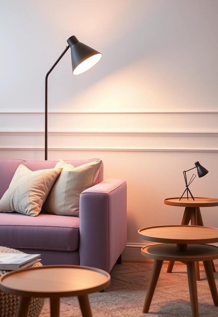 Create a Dreamy Living Room: 40 Lavender Couch with Soft White Walls and Chic Wooden Tables! - 6. Soft Lighting Fixtures