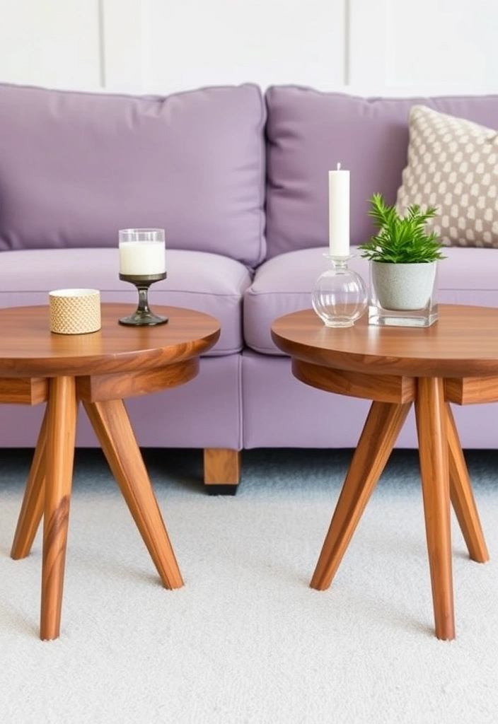 Create a Dreamy Living Room: 40 Lavender Couch with Soft White Walls and Chic Wooden Tables! - 8. Functional Side Tables