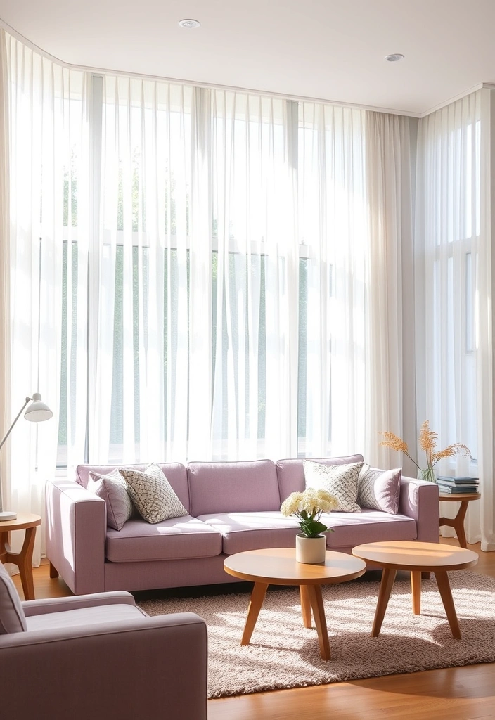 Create a Dreamy Living Room: 40 Lavender Couch with Soft White Walls and Chic Wooden Tables! - 9. Stylish Window Treatments