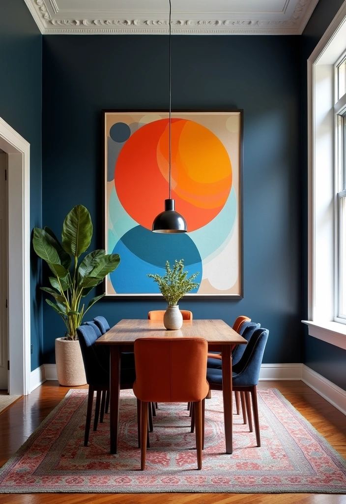 Elevate Your Dining Room: 30 Designer Tricks for Using Deep Navy in a Spacious Layout! - 10. Colorful Artwork