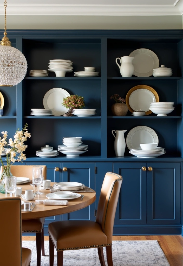 Elevate Your Dining Room: 30 Designer Tricks for Using Deep Navy in a Spacious Layout! - 13. Open Shelving for Display