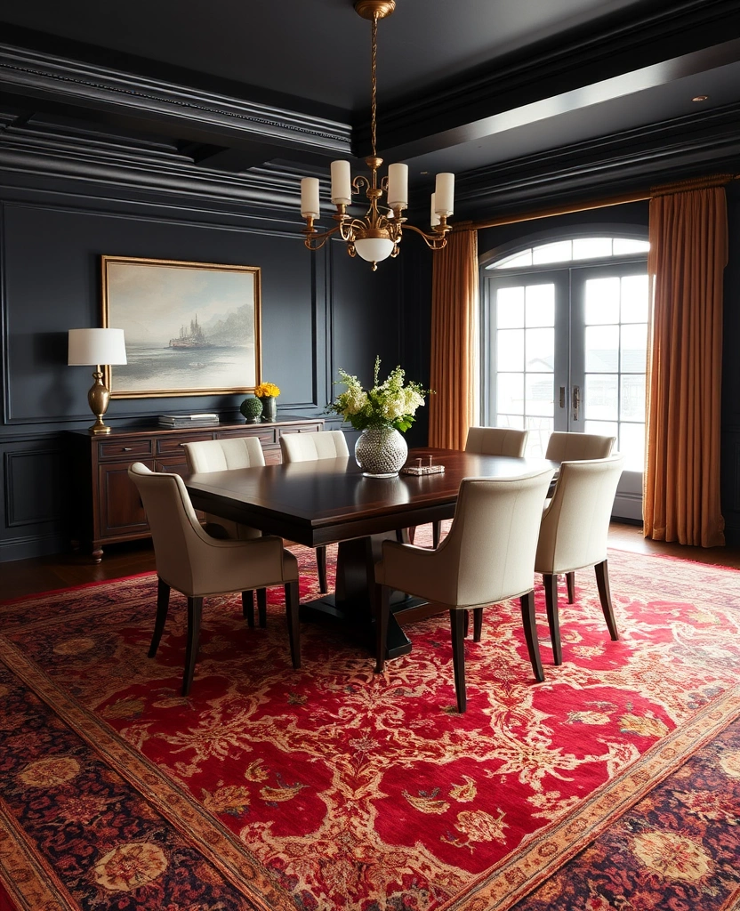 Elevate Your Dining Room: 30 Designer Tricks for Using Deep Navy in a Spacious Layout! - 22. Incorporate Bold Area Rugs