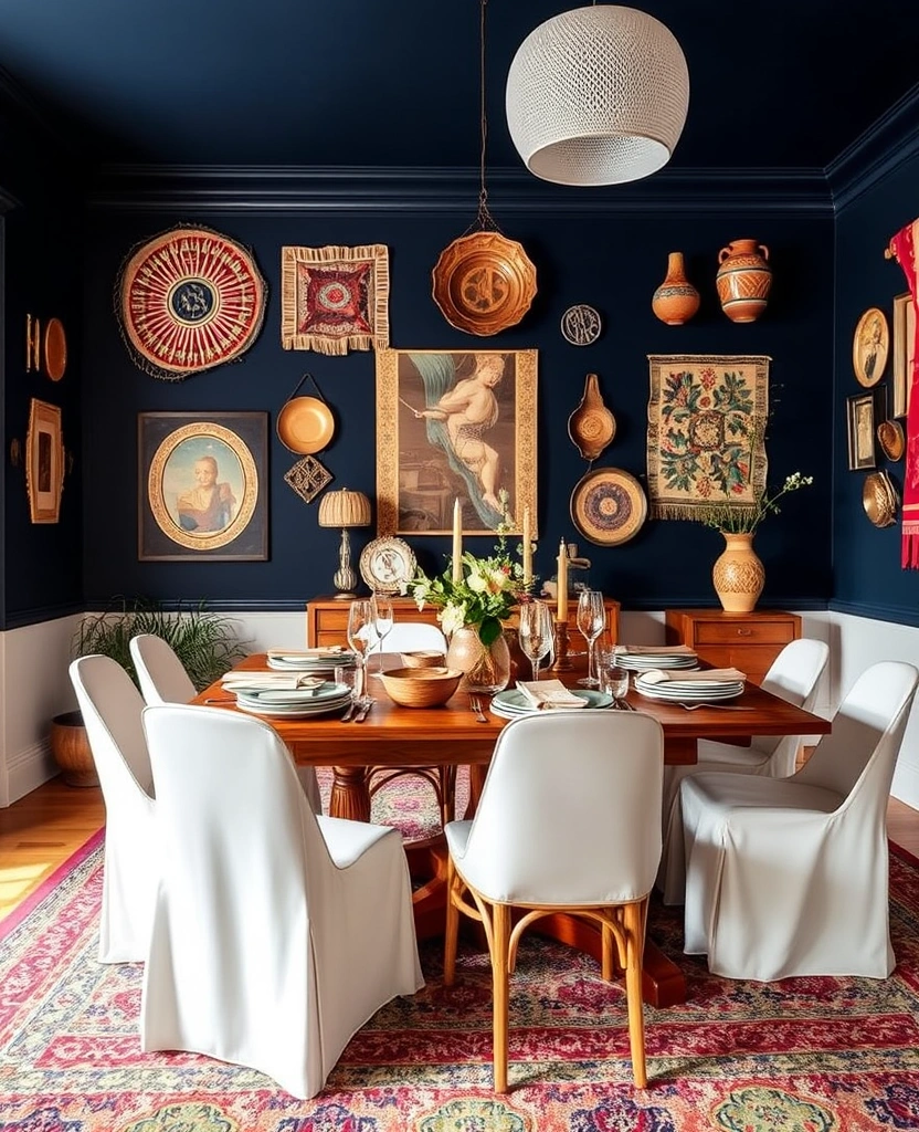 Elevate Your Dining Room: 30 Designer Tricks for Using Deep Navy in a Spacious Layout! - 29. Incorporate Cultural Elements