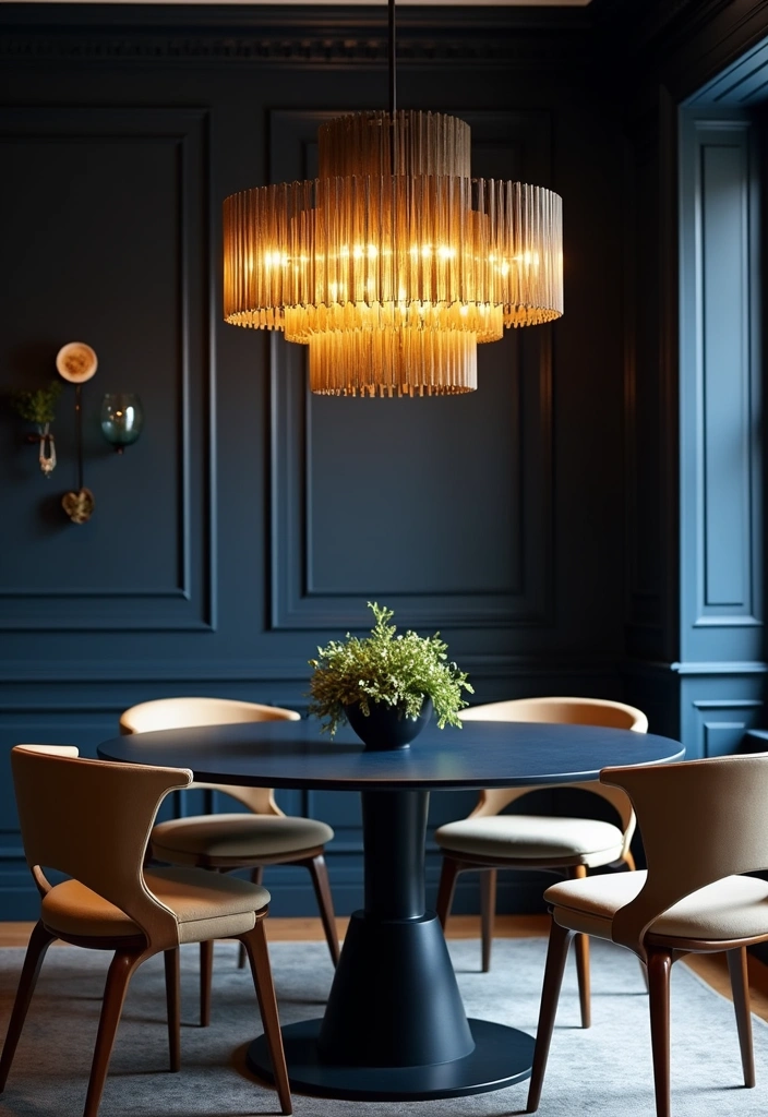 Elevate Your Dining Room: 30 Designer Tricks for Using Deep Navy in a Spacious Layout! - 4. Striking Light Fixtures