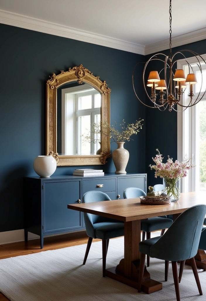 Elevate Your Dining Room: 30 Designer Tricks for Using Deep Navy in a Spacious Layout! - 9. Mirrors to Reflect Beauty