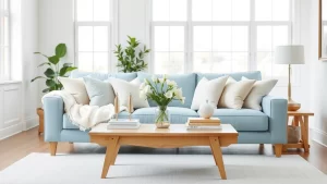 How to Style a Powder Blue Sofa: 31 Soft, Airy Living Room Inspiration