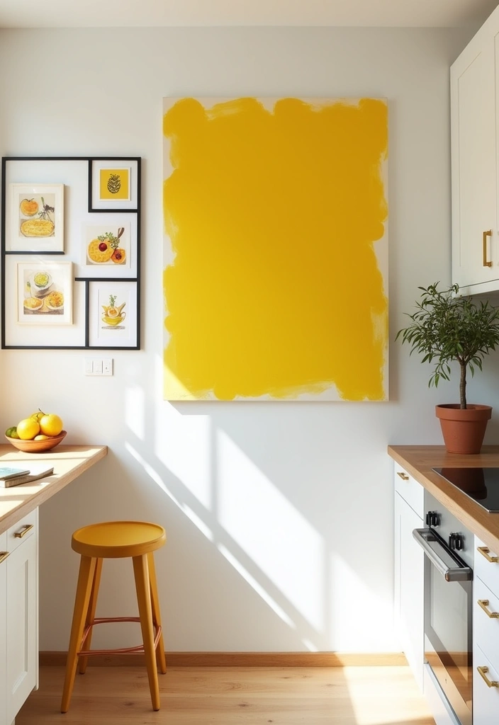 Maximize Style: 45 Tips How to Decorate a Compact Kitchen with Bright Yellow Accents! - 1. Bright Yellow Wall Art