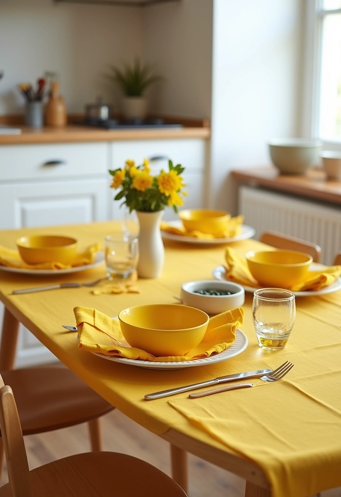 Maximize Style: 45 Tips How to Decorate a Compact Kitchen with Bright Yellow Accents! - 15. Yellow Themed Table Settings