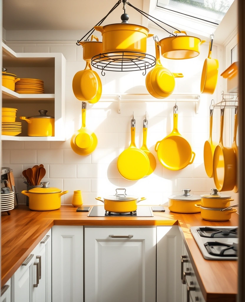 Maximize Style: 45 Tips How to Decorate a Compact Kitchen with Bright Yellow Accents! - 16. Yellow Accents in Cookware