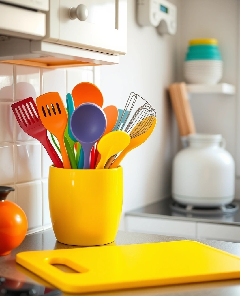 Maximize Style: 45 Tips How to Decorate a Compact Kitchen with Bright Yellow Accents! - 23. Yellow Utensil Holders