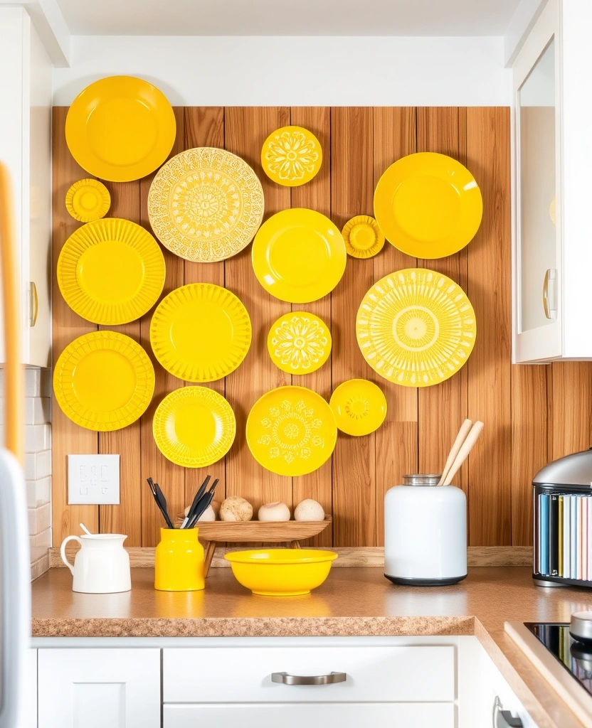 Maximize Style: 45 Tips How to Decorate a Compact Kitchen with Bright Yellow Accents! - 25. Yellow Decorative Plates