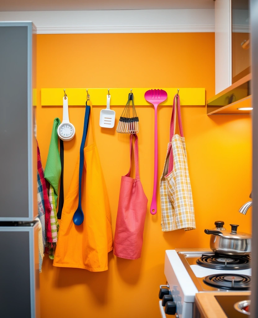 Maximize Style: 45 Tips How to Decorate a Compact Kitchen with Bright Yellow Accents! - 30. Yellow Themed Wall Hooks