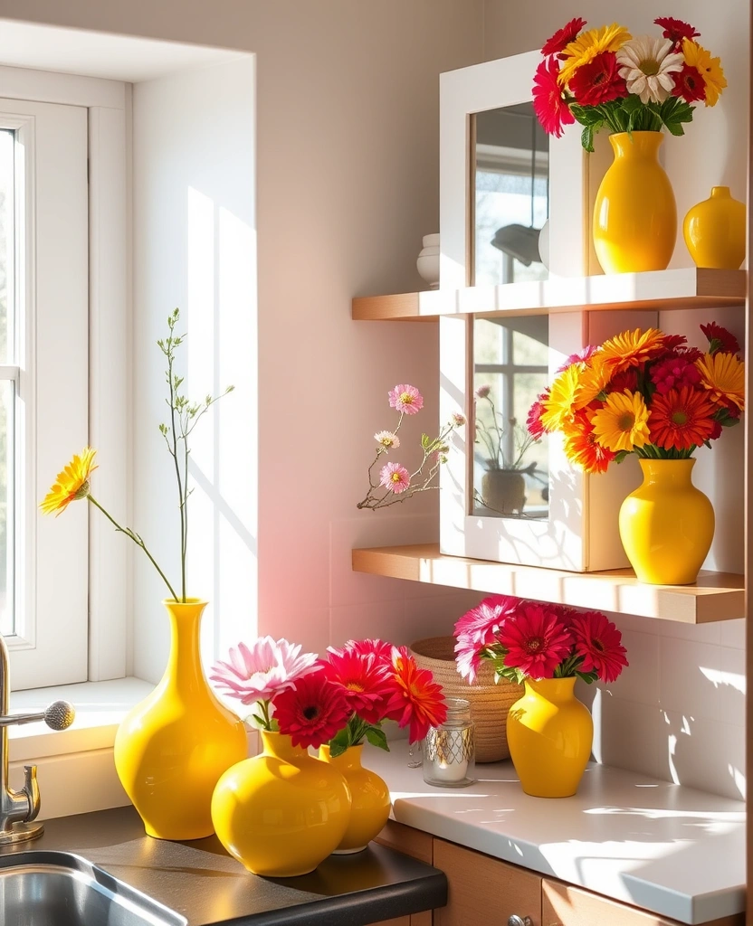 Maximize Style: 45 Tips How to Decorate a Compact Kitchen with Bright Yellow Accents! - 32. Yellow Accent Vases