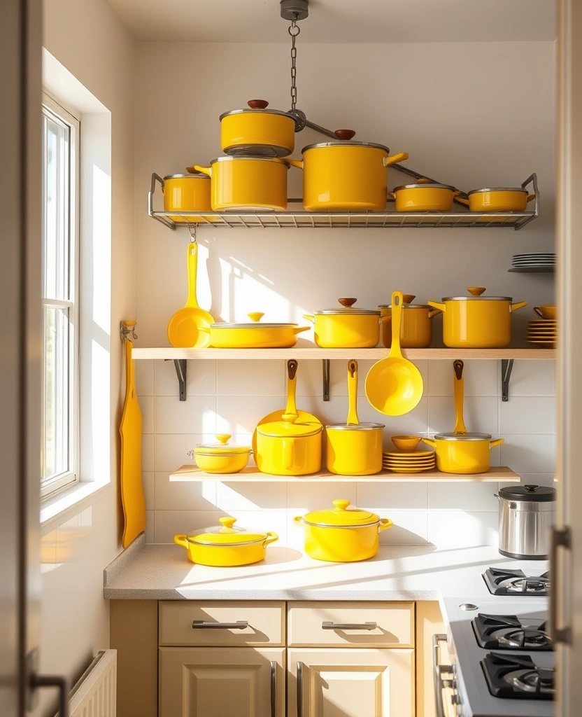 Maximize Style: 45 Tips How to Decorate a Compact Kitchen with Bright Yellow Accents! - 34. Yellow Themed Cookware Display