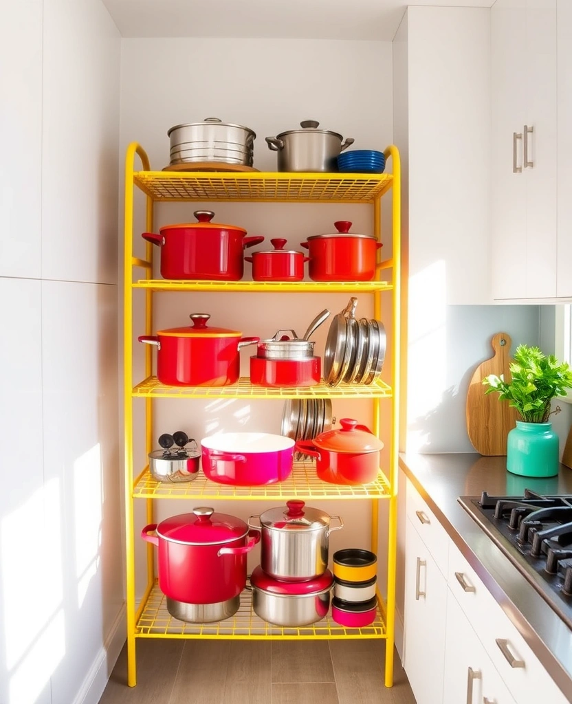 Maximize Style: 45 Tips How to Decorate a Compact Kitchen with Bright Yellow Accents! - 39. Yellow Themed Cookware Display Rack