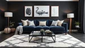 Modern Navy Couch: 35 Sleek Black Walls + Geometric Rug Styling Modern Navy Couch: 35 Sleek Black Walls + Geometric Rug Styling