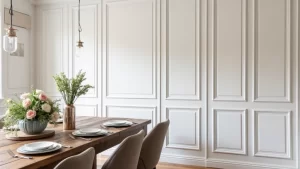 Sleek Wall Panel Designs for Dining Rooms: 30 White Panels with Rustic Wood Tables!