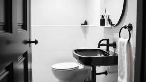 Sleek and Stylish: 21 Modern Downstairs Toilet Ideas with Black Fixtures and White Walls