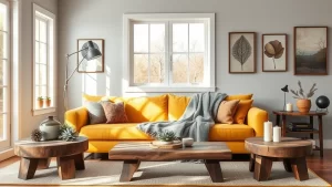 Sunny Delight: Style Your Mustard Yellow Couch with Soft Gray Walls and Rustic Tables! Sunny Delight: Style Your Mustard Yellow Couch with Soft Gray Walls and Rustic Tables!