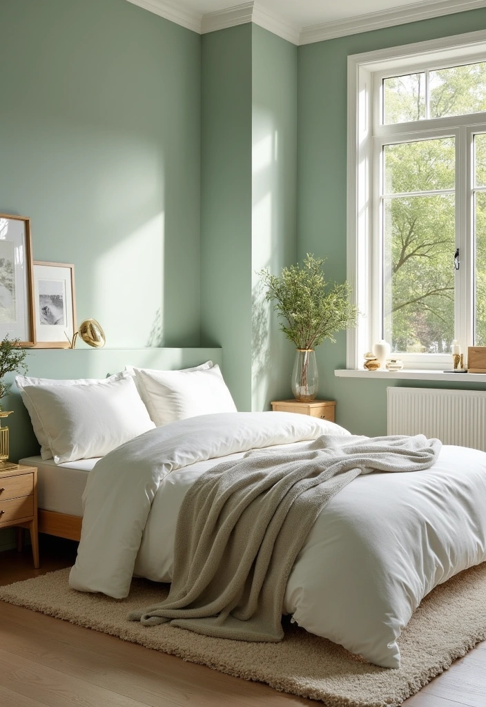 Transform Your Space: 19 Luxe Green Bedroom Paint Ideas with Stylish Furniture and Accents! - 1. Serene Sage Sanctuary