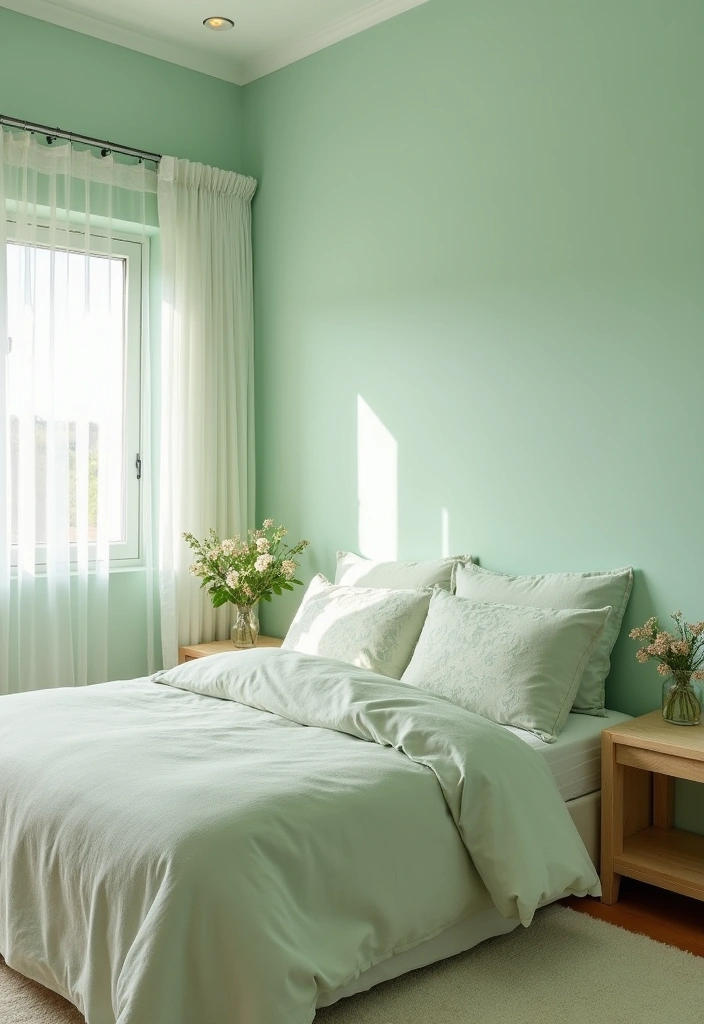 Transform Your Space: 19 Luxe Green Bedroom Paint Ideas with Stylish Furniture and Accents! - 10. Soft Celadon Serenity